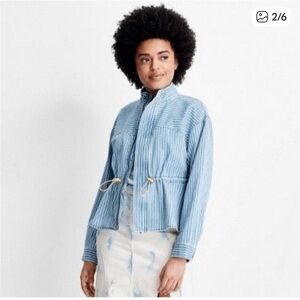 Future Collective Blue and White Striped Denim Jacket with Cinch Waist Sz L